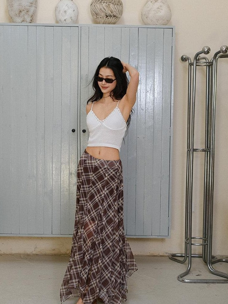 FU FRESH UP Vintage Plaid Print Irregular A Line High Waist Women&