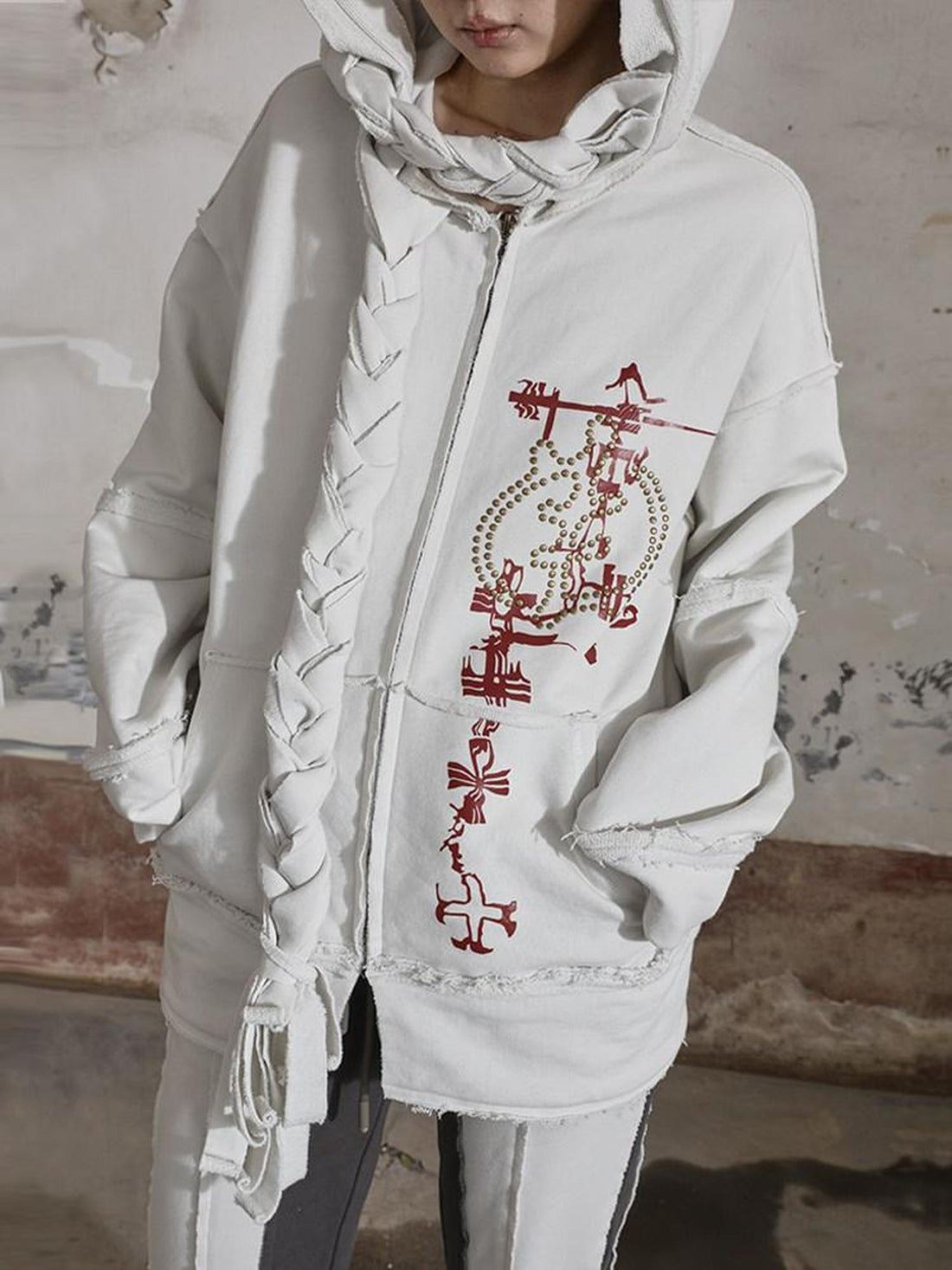 nit alcove Distressed Patch Fringe Loose Fit Lycra Cotton Unisex Vintage Zip Letter Hoodie
