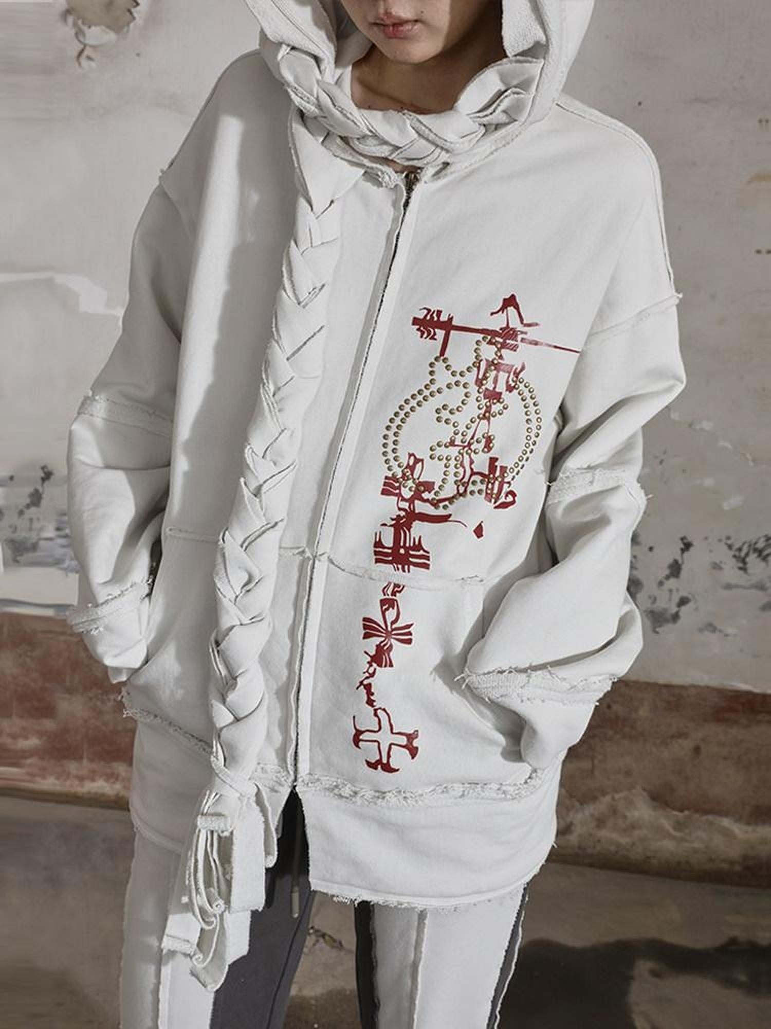 nit alcove Distressed Patch Fringe Loose Fit Lycra Cotton Unisex Vintage Zip Letter Hoodie