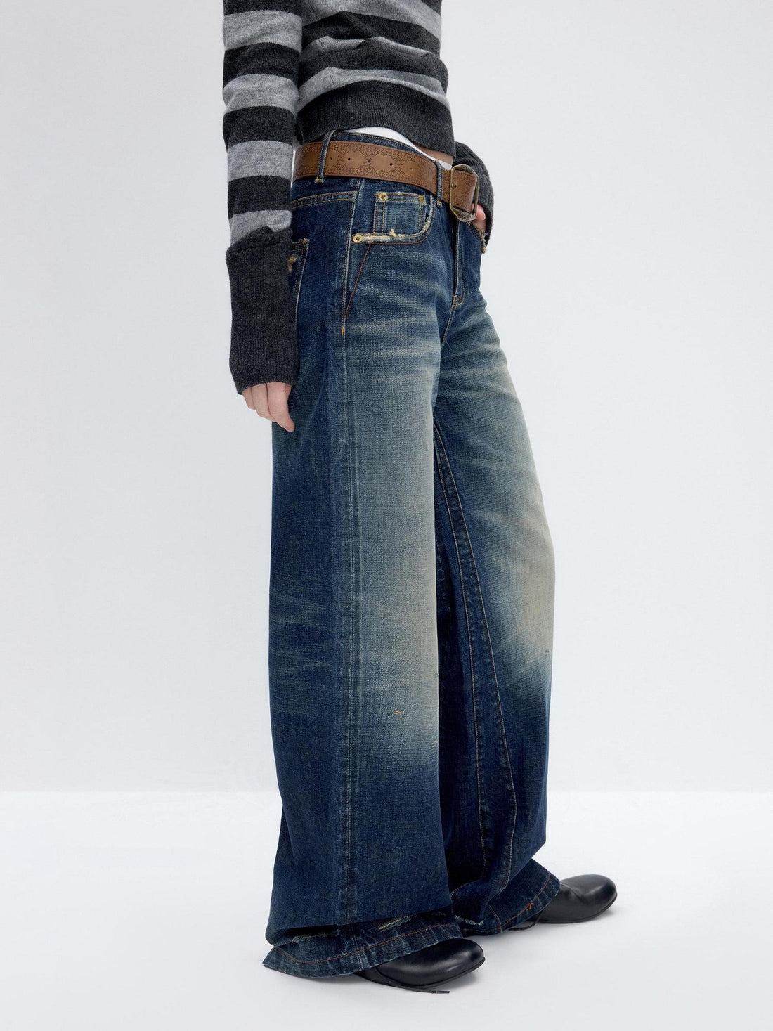 RUN TO THE FUTURE Washed Deep Navy Low Rise Loose Fit Casual Denim Wide Leg Straight Jeans