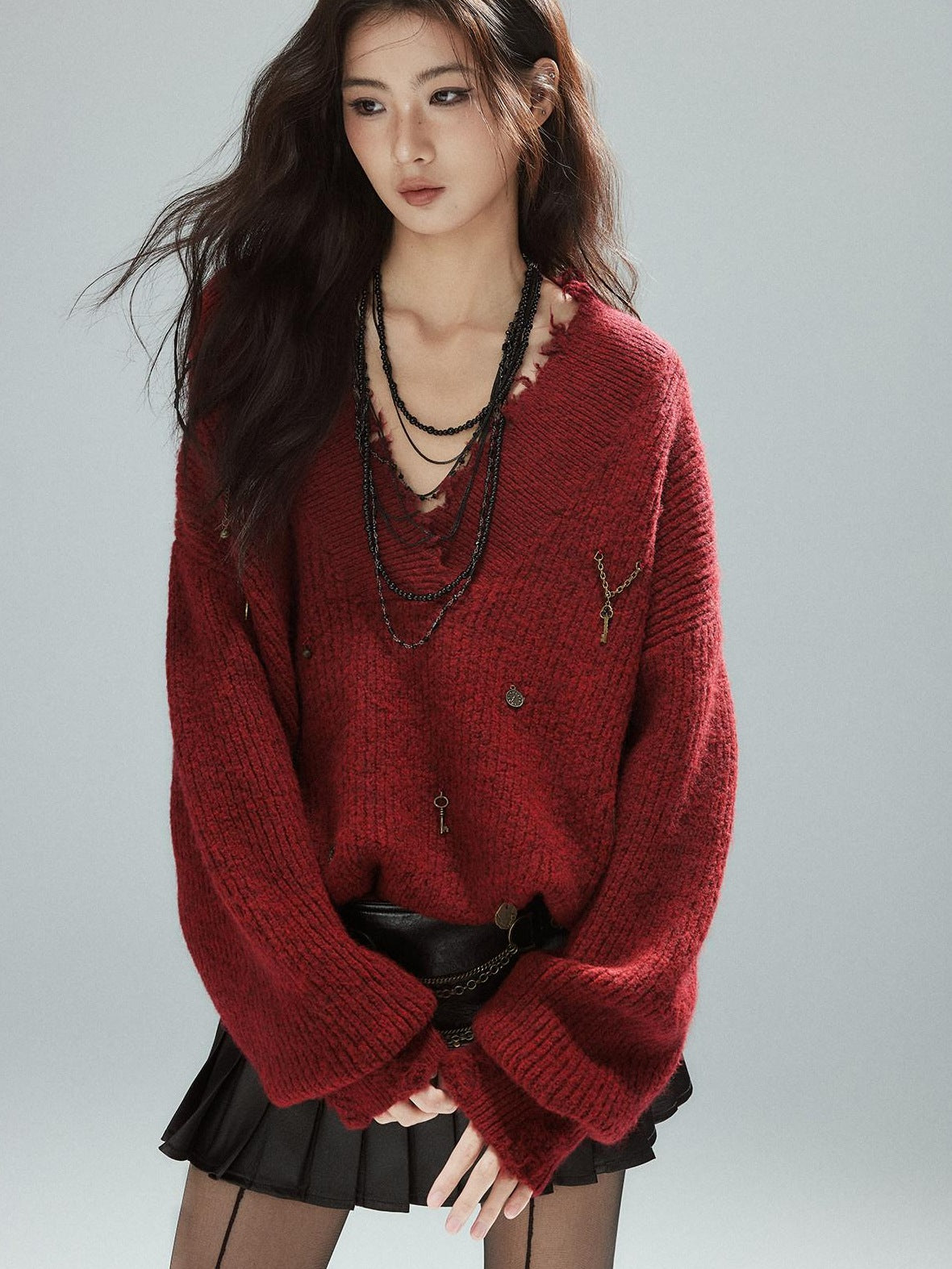 Low pixel Warm Oversized Street Raw Hem Women V-neck Red Pullover Sweaters