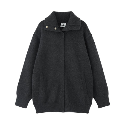 RUN TO THE FUTURE Cozy High Collar Loose Single Button Office Women Paris Grey Cardigan Overcoats