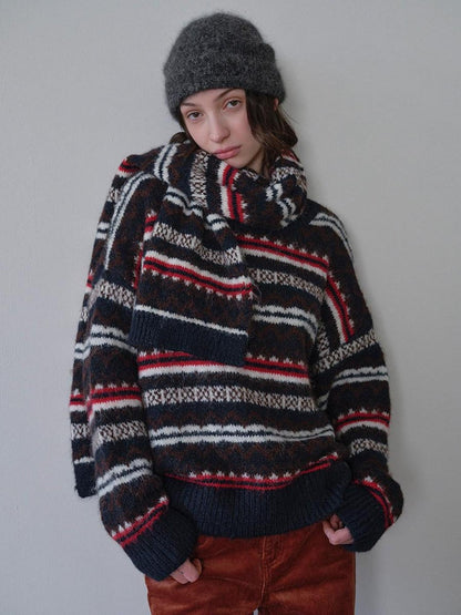 DKZ OFFICIAL Retro Striped Jacquard Two Piece Scarf Pullover Women&