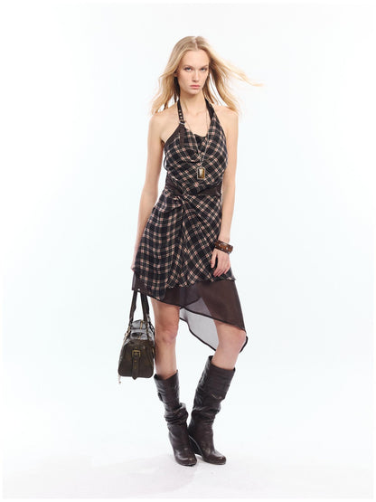 2th Desire High Waist Vintage Plaid A Line Spaghetti Strap City Slim Slip Mini Dresses
