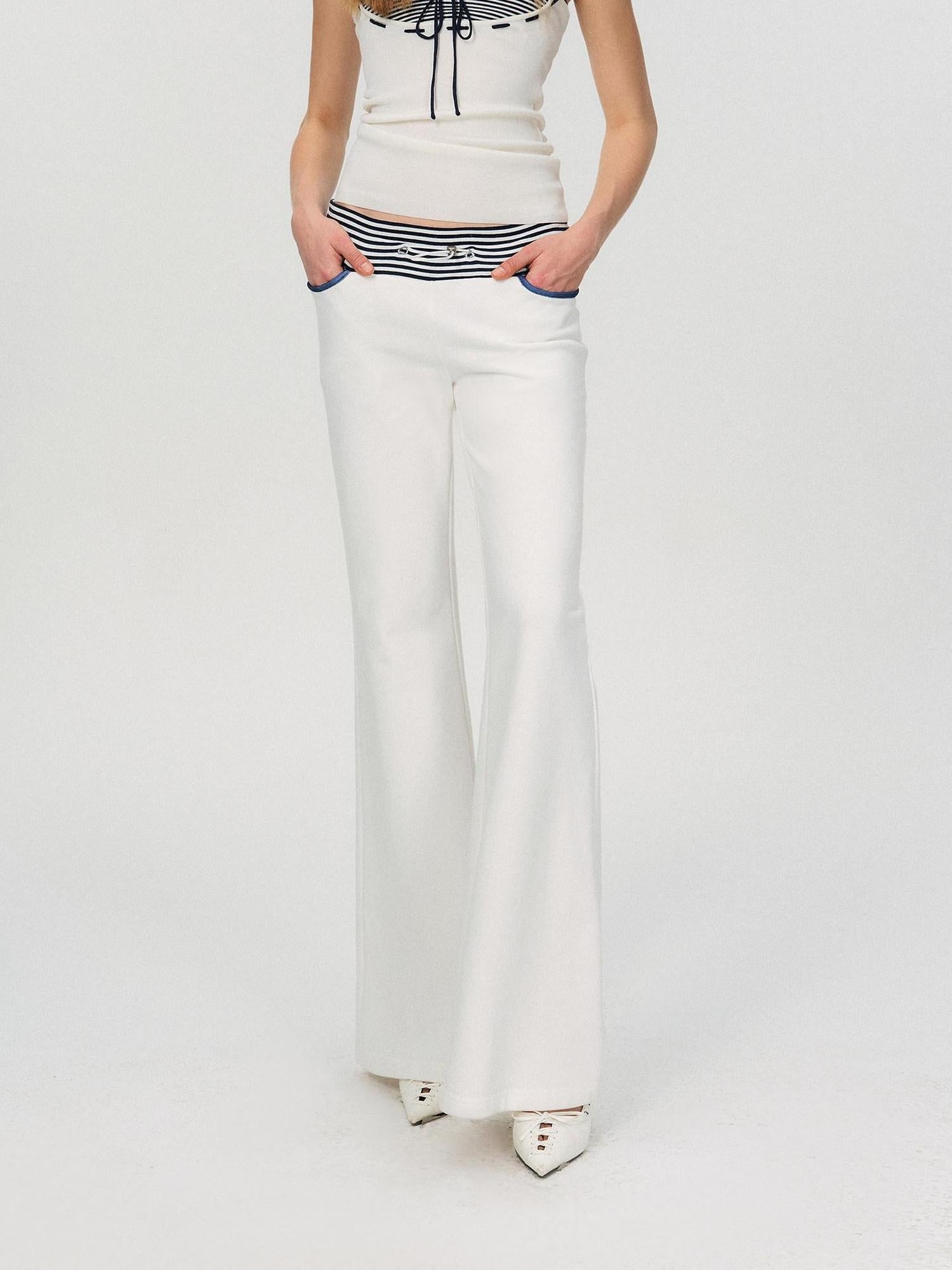 The NeverMore Comfortable Casual Cotton Blend Slight Flare Mid Rise Women White Straight Pants