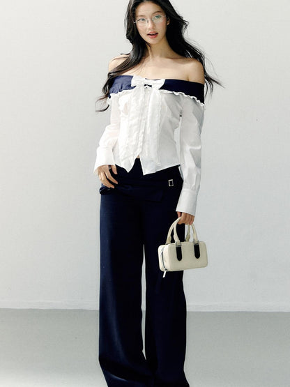 7Shiftin Slimming Off Shoulder Slim Fit Long Sleeve Cotton Bow White Blouses