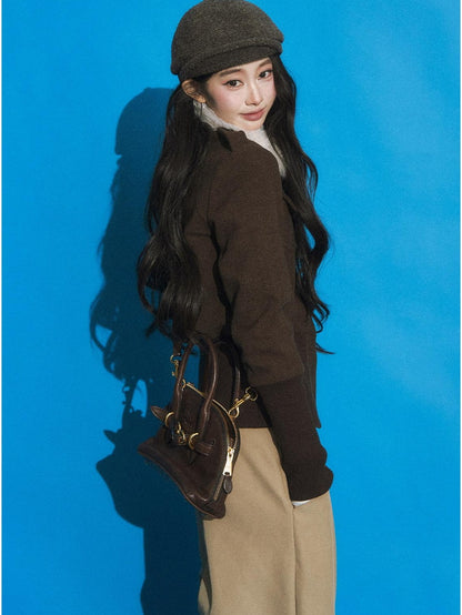 7Shiftin Slimming Casual Loose Fit Womens Brown Button Front Cropped Jackets