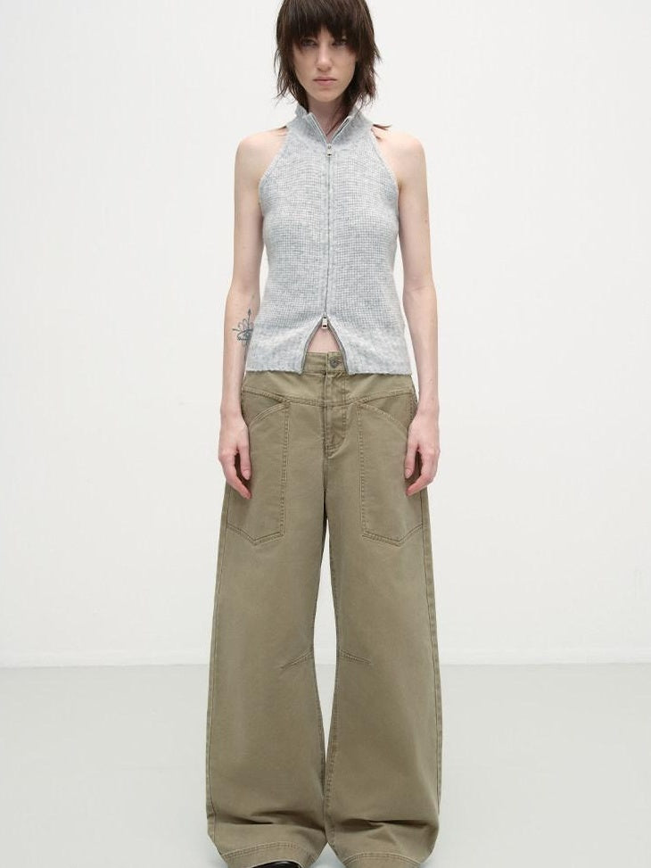 RUN TO THE FUTURE Washed Cotton Khaki Cargo Pockets Loose Mid Rise Zip Fly Casual Straight Pants