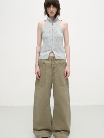 RUN TO THE FUTURE Washed Cotton Khaki Cargo Pockets Loose Mid Rise Zip Fly Casual Straight Pants