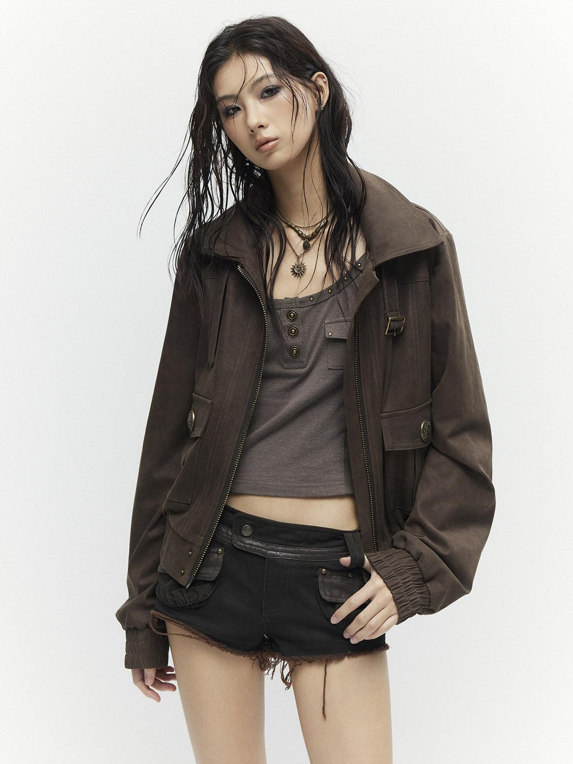 Low pixel Metal Trim Vintage Standard Womens Brown Zip Lapel Cropped Jackets
