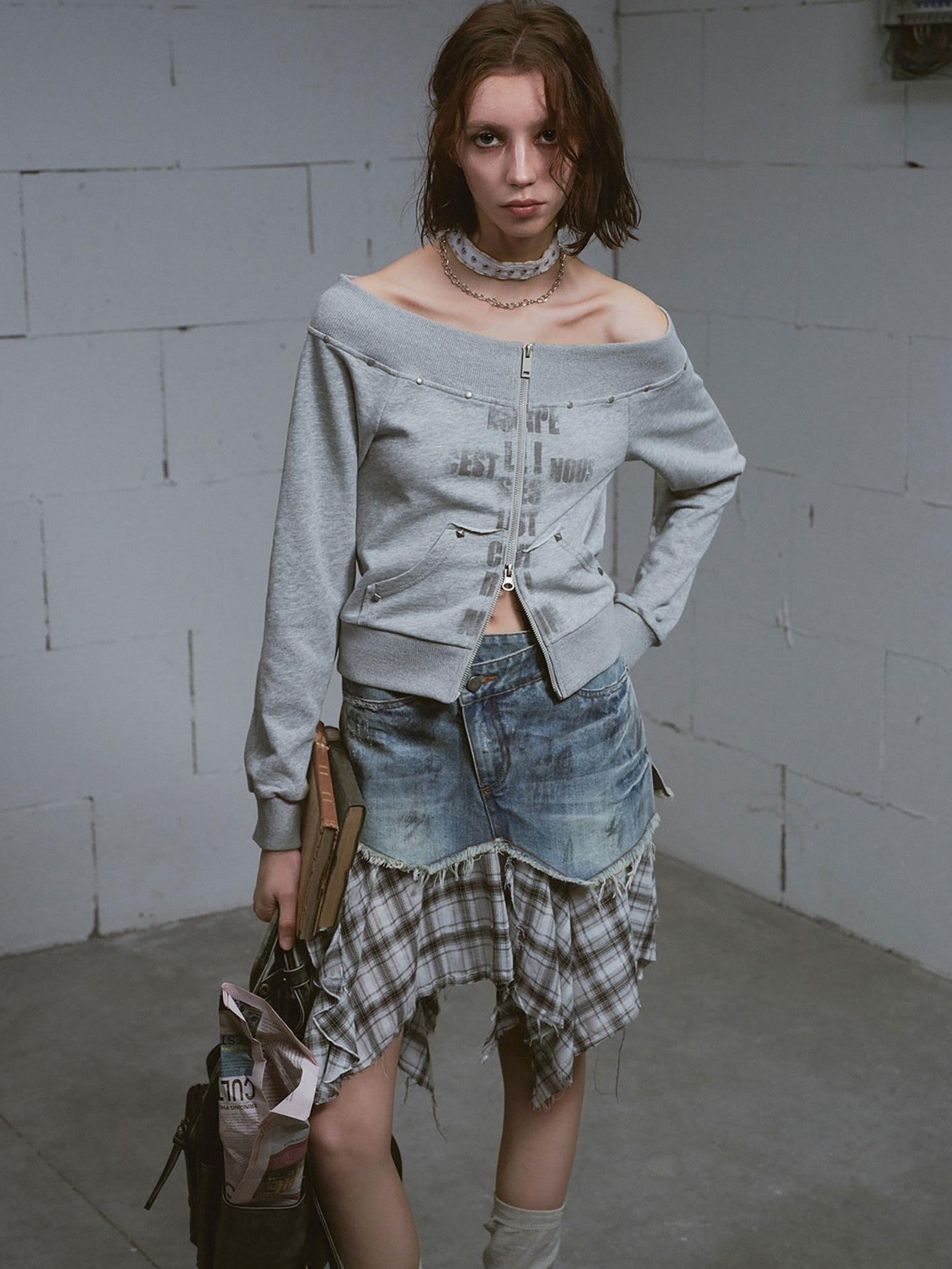 Cest Nous Washed Deconstructed Plaid Patchwork Asymmetric Women&