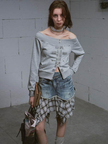 Cest Nous Washed Deconstructed Plaid Patchwork Asymmetric Women&