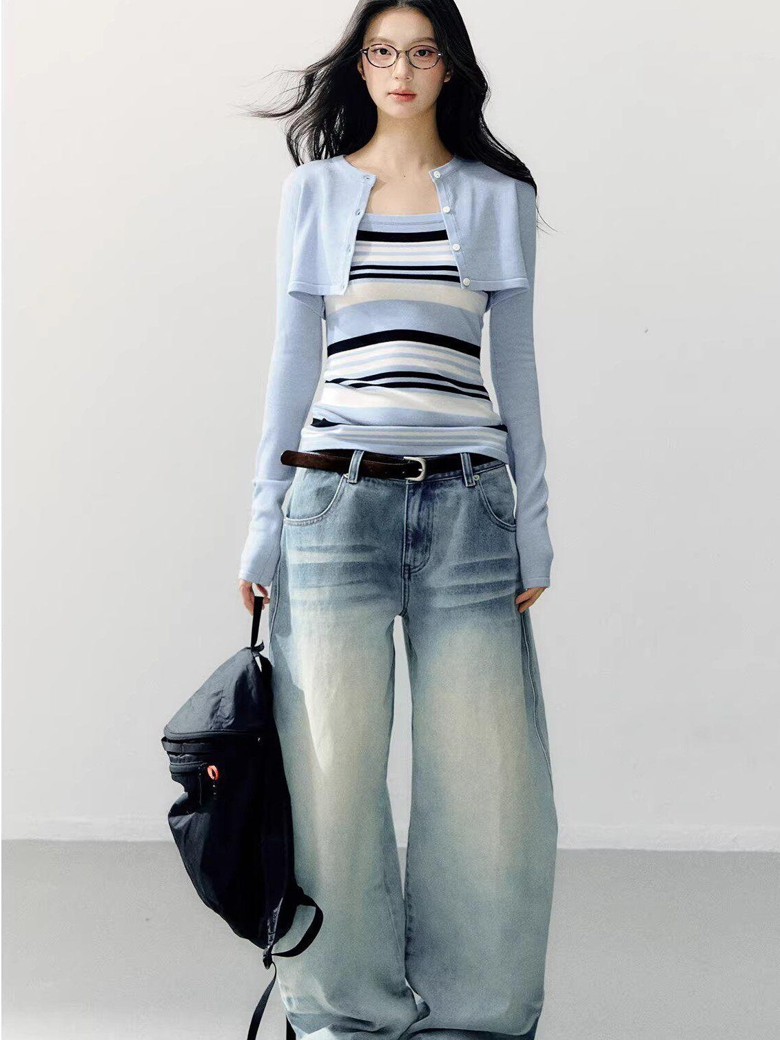 7Shiftin Breathable Striped Two Piece Cardigan Pullover Women Casual Long Sleeve T-Shirts