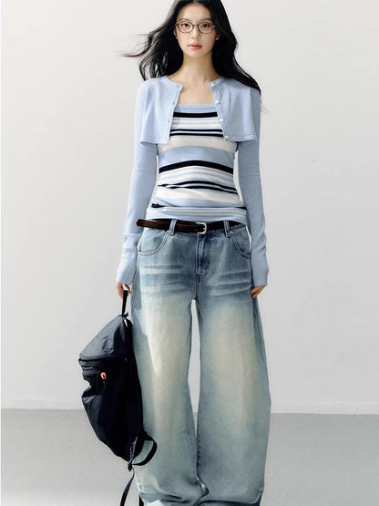 7Shiftin Breathable Striped Two Piece Cardigan Pullover Women Casual Long Sleeve T-Shirts