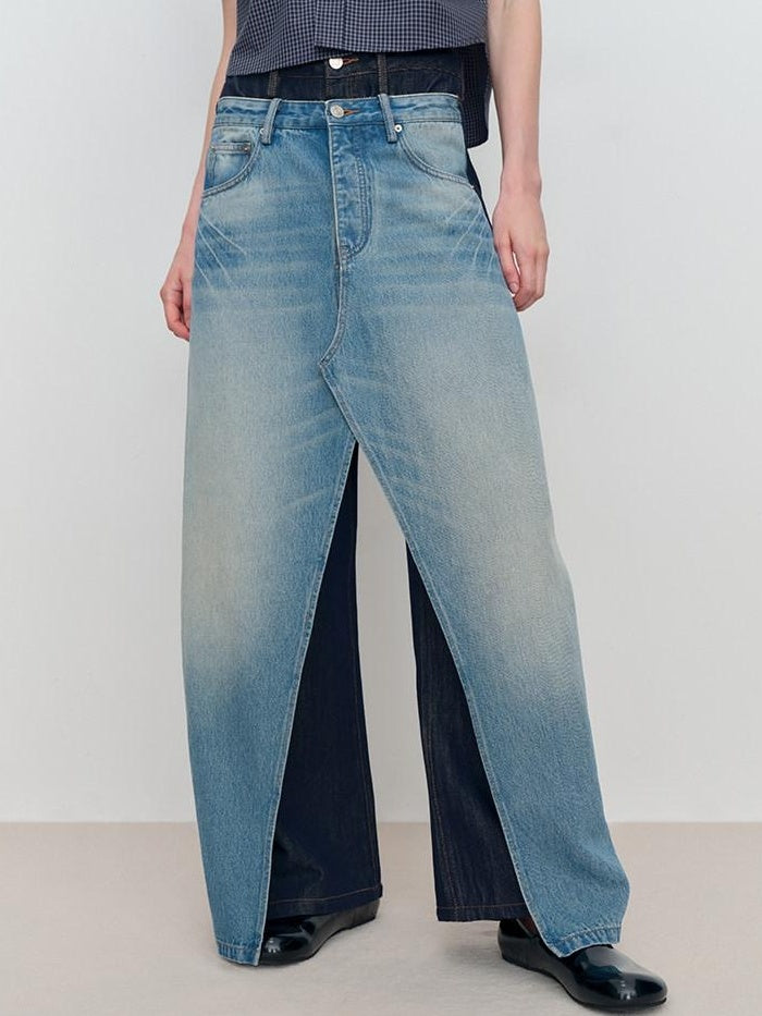 RUN TO THE FUTURE Durable Washed Denim Casual Loose Natural Waist Zipper Fly Blue Wide-Leg Jeans