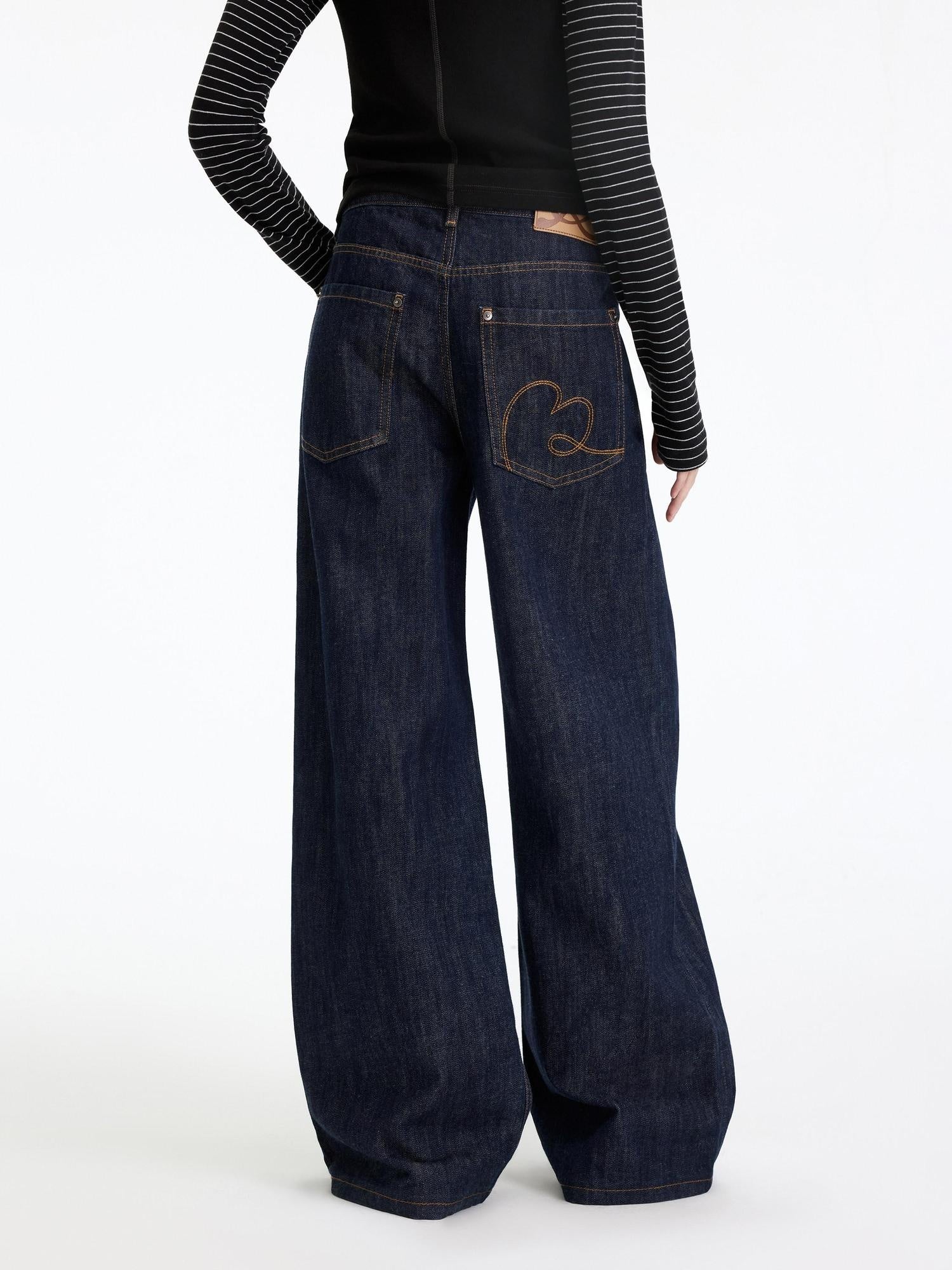 RUN TO THE FUTURE Casual Natural Waist Wide Leg Cotton Zipper Women Indigo Straight Jeans