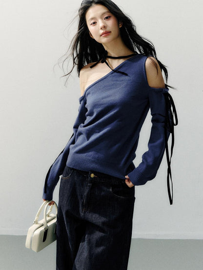 7Shiftin Cozy Casual Loose Backless Women Knit Pullover Blue Long Sleeve Sweaters