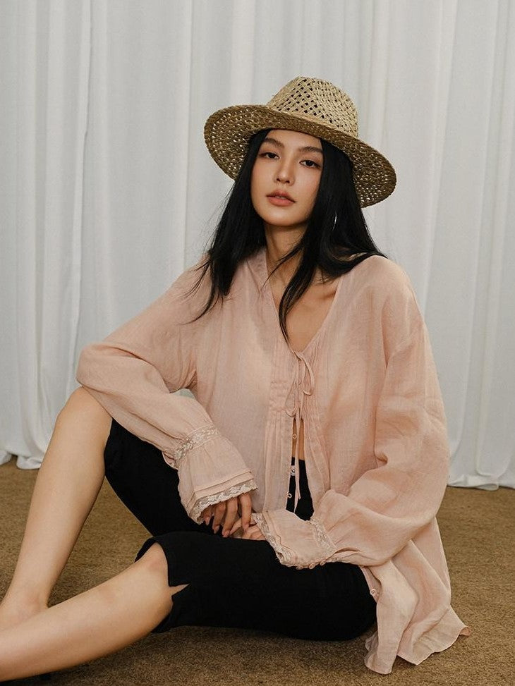 FU FRESH UP French Lace Tie Woven Long Sleeve Loose Mid Length Women&