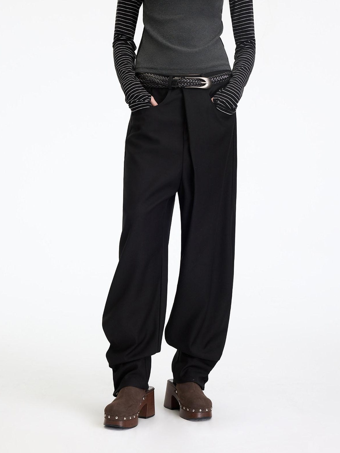 RUN TO THE FUTURE Comfortable Low Rise Minimalist Unisex Black Polyester Wide-Leg Pants