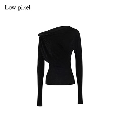 Low pixel Vintage Waist Long Sleeve Slant Neck Black Knit Women Off Shoulder Crop Tops