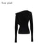 Low pixel Vintage Waist Long Sleeve Slant Neck Black Knit Women Off Shoulder Crop Tops