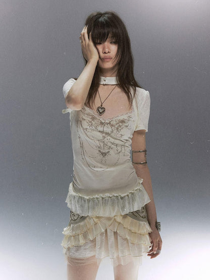Cest Nous Butterfly Print Textured Lace Ruffle Women&