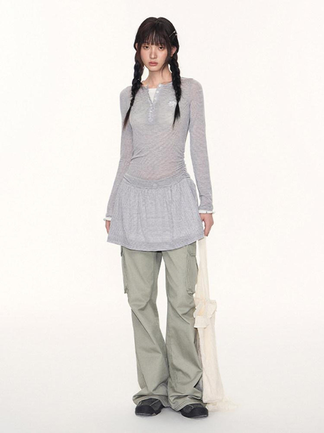 NAPSNAPS Khaki Vintage Cargo Embroidered Low Waist Women&