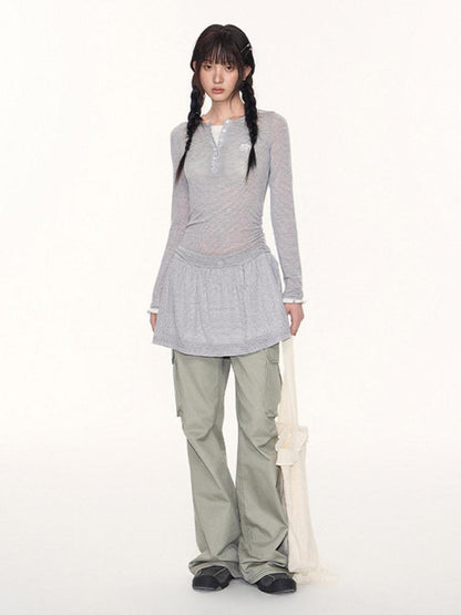 NAPSNAPS Khaki Vintage Cargo Embroidered Low Waist Women&