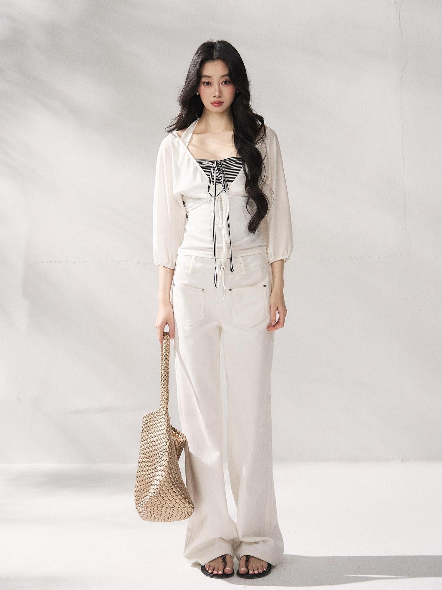 7Shiftin Button Front Natural Waist Casual White Flowy Wide Leg Pants