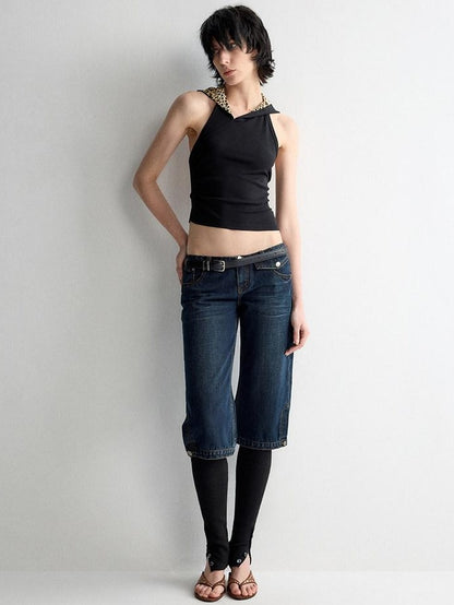RUN TO THE FUTURE Durable Vintage Deep Blue Casual Low Rise Straight Fit Zipper Denim Shorts
