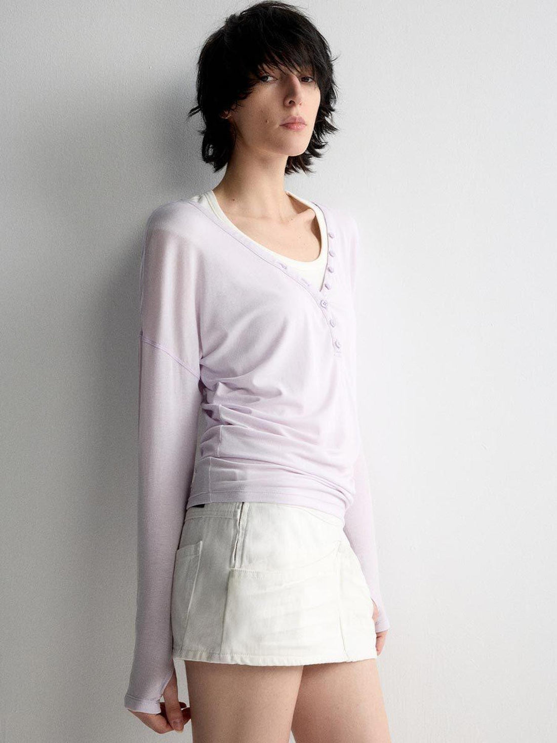 RUN TO THE FUTURE Breathable Lyocell Linen Vneck Slim Casual Women Lilac Long Sleeve T-Shirts