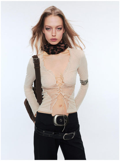 2th Desire Sheer Mesh Spliced Punk Slim Fit Women Long Sleeve Tie Front Blouses