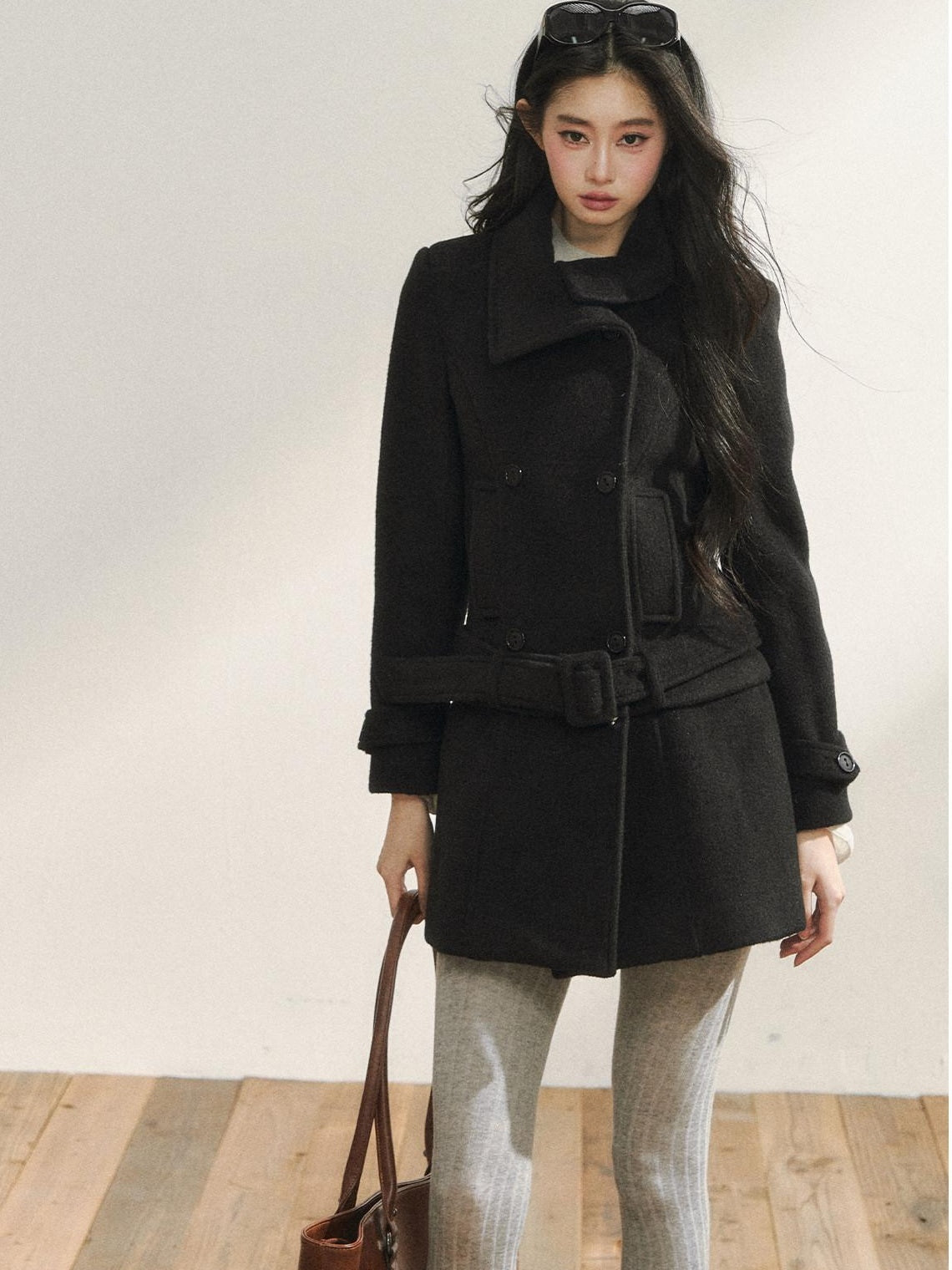 7Shiftin Detachable Wool Casual Cinched Waist Double Breasted Women Black Short Coat