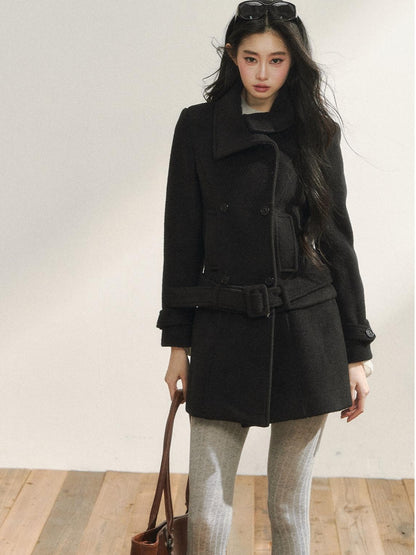 7Shiftin Detachable Wool Casual Cinched Waist Double Breasted Women Black Short Coat