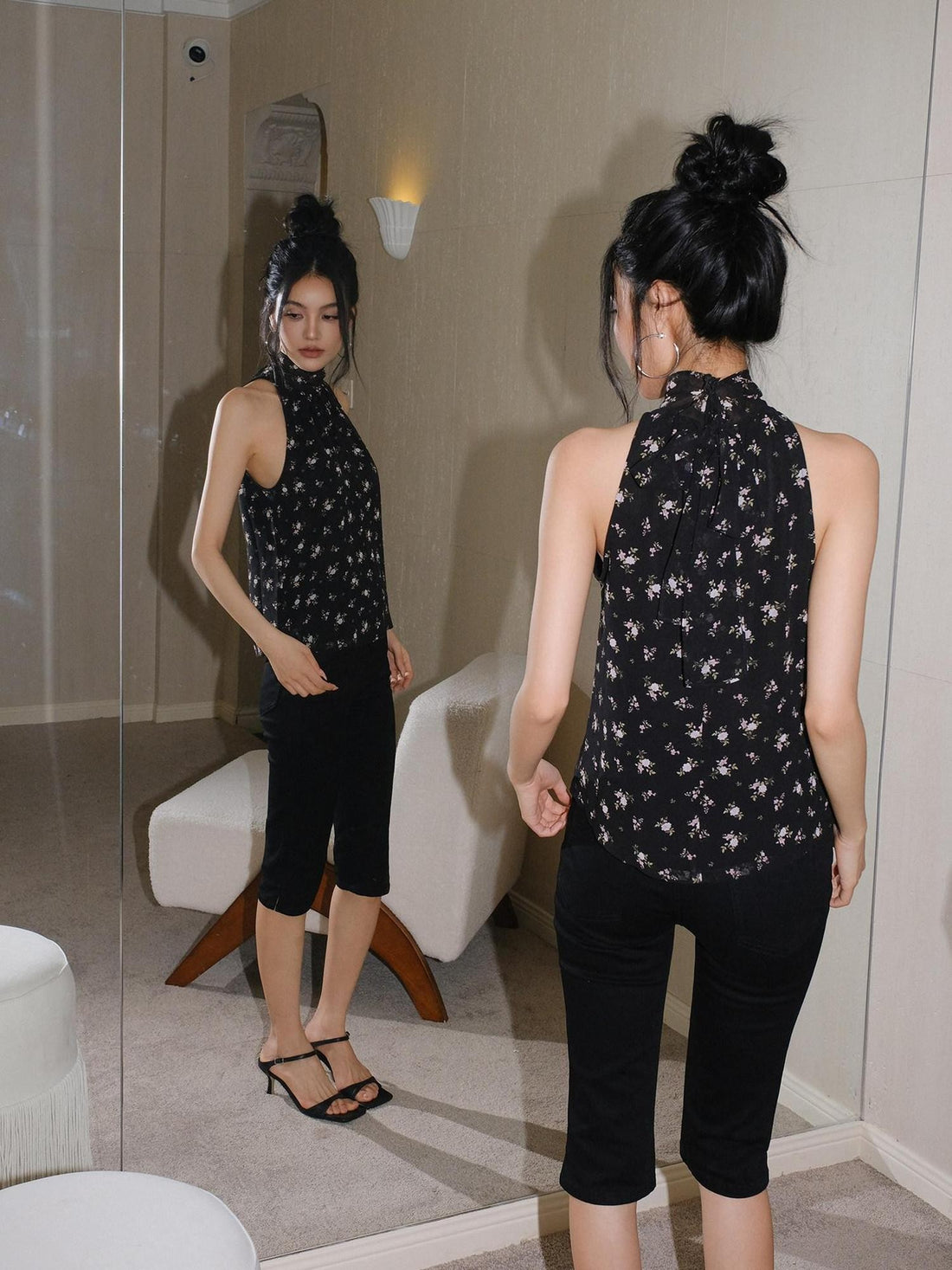 FU FRESH UP Black Floral Stand Collar Tie Neck Chiffon Women&
