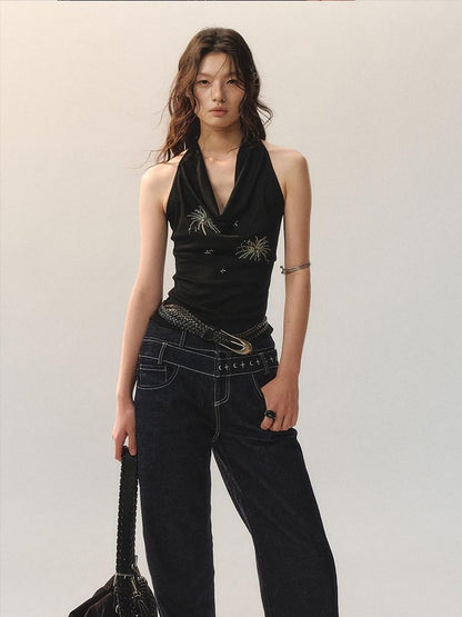 AnnoMundi Airy Lyocell Embroidered Halter Polo Collar Midi Women Black Tank Tops