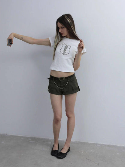 DoublePunch Cropped Hotfix Rhinestone Slim Fit Vintage Women&