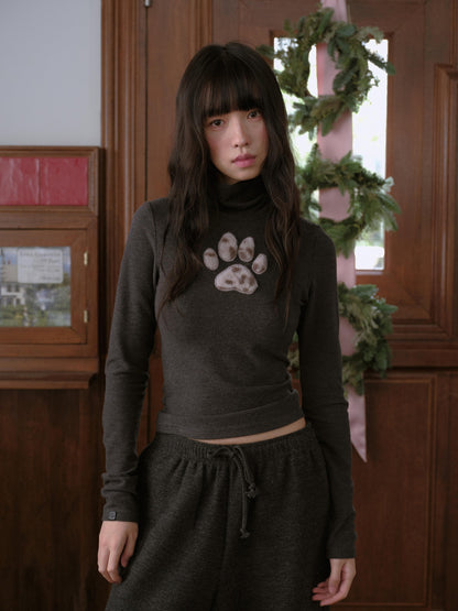 DKZ OFFICIAL Fuzzy High Neck Cat Paw Patchwork Slim Fit Women&