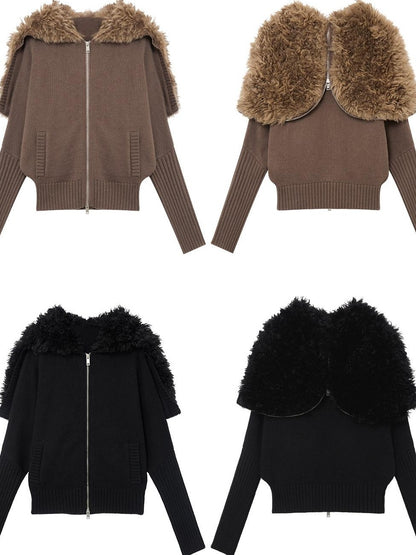 RUN TO THE FUTURE Soft Wool Blend Hooded Patchwork Vintage Loose Fit Zipper Knit Cardigans
