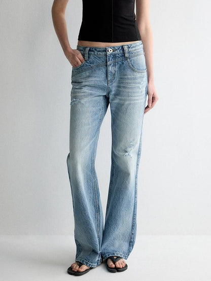 RUN TO THE FUTURE Ripped Low Rise Wide Leg Casual Loose Fit Vintage Ice Blue Denim Straight Jeans