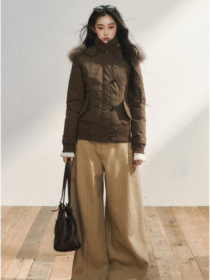 7Shiftin Warm Hooded Two Tone Fur Collar Toggle Closure Short Casual Women Puffer Jackets