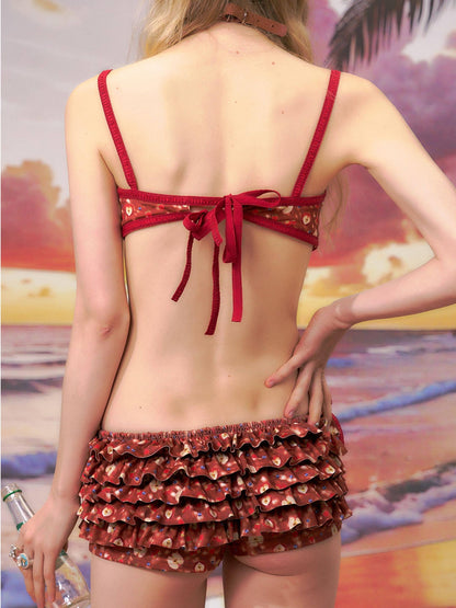 The NeverMore Red Ruffled Layered Skirt Shorts Casual Polyester Two Piece Women Bikini