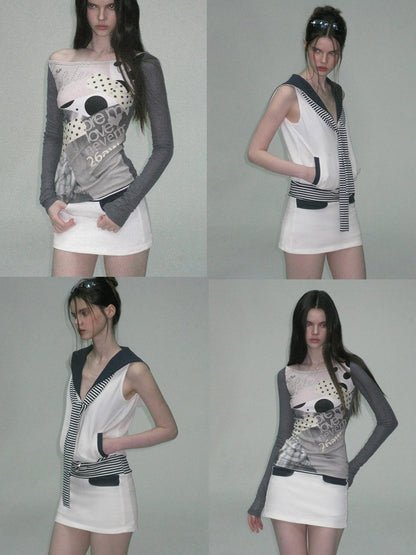 The NeverMore Contrast Printed Cotton Mid Waist Straight Bodycon Women White Mini Skirts