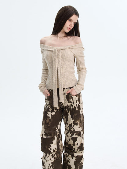 The NeverMore Khaki Wool Blend Slim Fit Layered Tie Detail Off Shoulder Pullover Sweaters