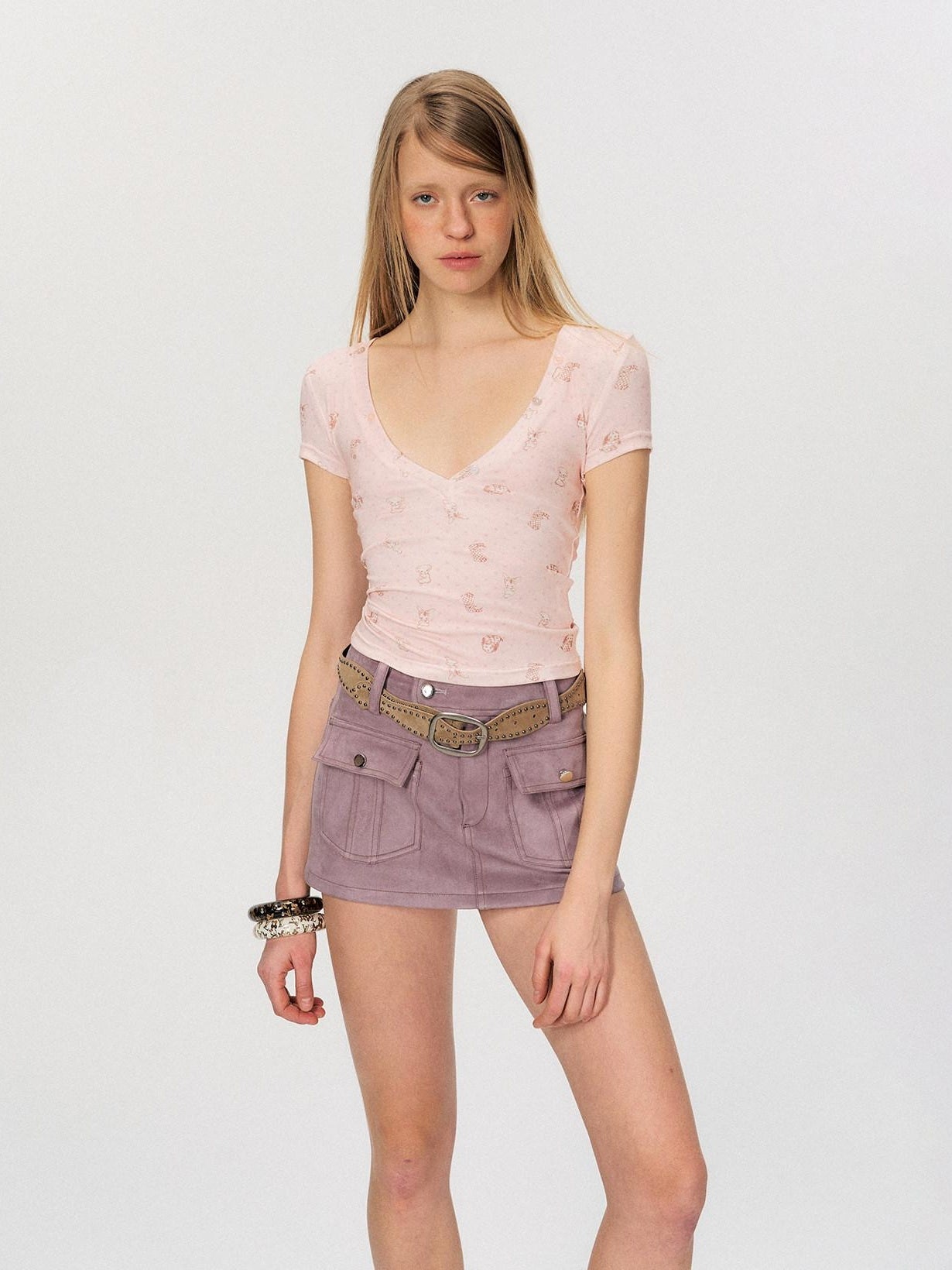The NeverMore Soft Lyocell Printed V-neck Slim Fit Pink Women Cropped Basic Crop Tops