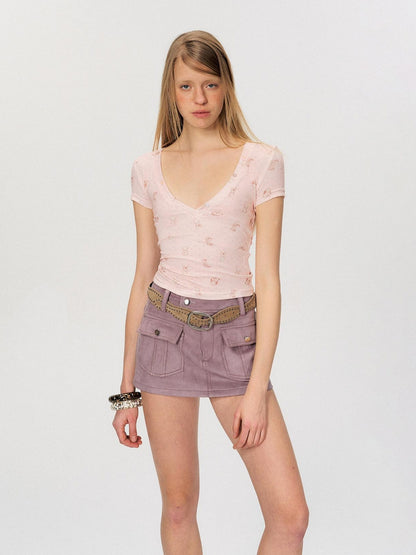 The NeverMore Soft Lyocell Printed V-neck Slim Fit Pink Women Cropped Basic Crop Tops