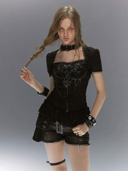 Cest Nous Butterfly Print Textured Lace Ruffle Women&
