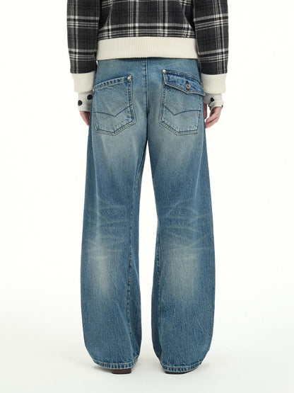 RUN TO THE FUTURE Washed Cotton Casual Natural Waist Topstitch Women Denim Blue Wide-Leg Jeans