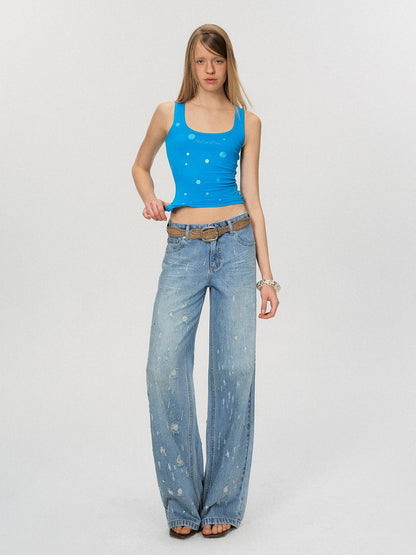 The NeverMore Crystal Trim Relaxed Natural Waist Women Washed Blue Zipper Straight Leg Jeans