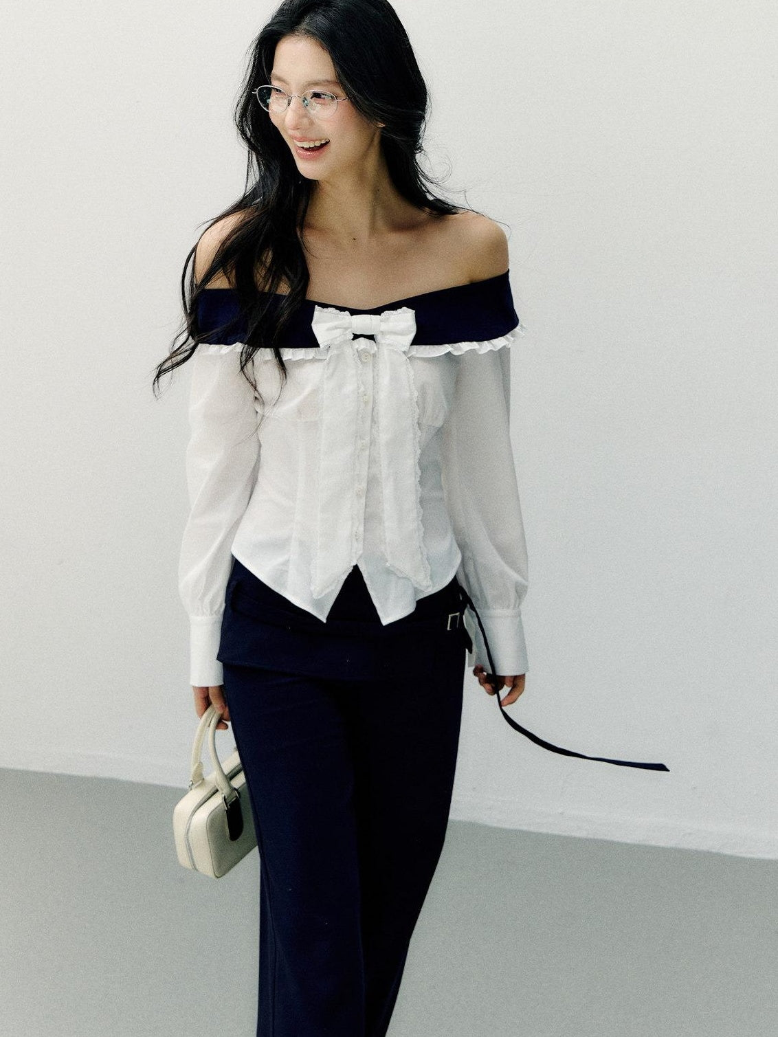 7Shiftin Slimming Off Shoulder Slim Fit Long Sleeve Cotton Bow White Blouses